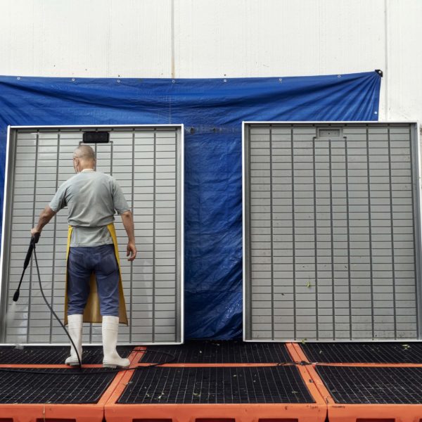 Melzo, Milan.

Said Daani, Technician (Directs and manages the tecnical operation and inventory inside the farm, such as sowing and harvesting.) cleaning the platforms at Agricola Moderna.